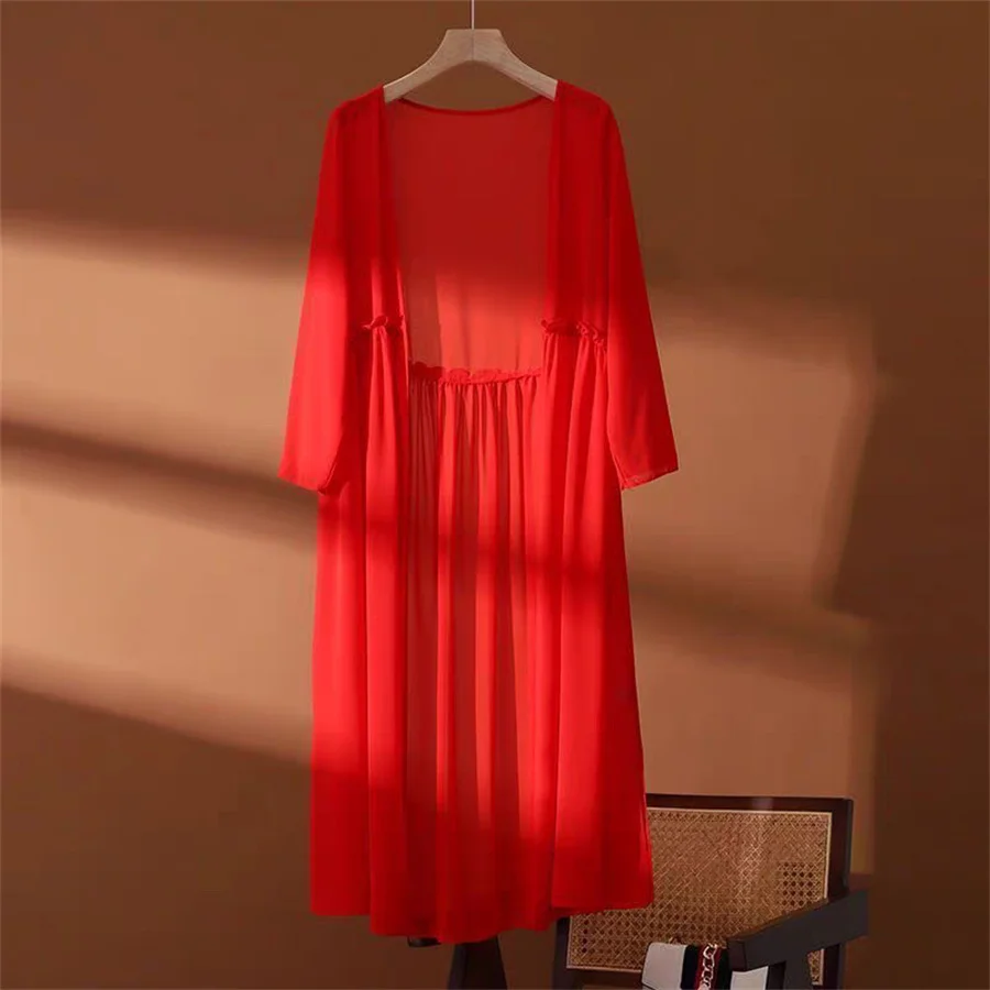 Cardigã Longo Feminino de Chiffon Estilo Coreano para Primavera e Verão, Proteção Solar, Casaco Feminino, Jaqueta, Xale