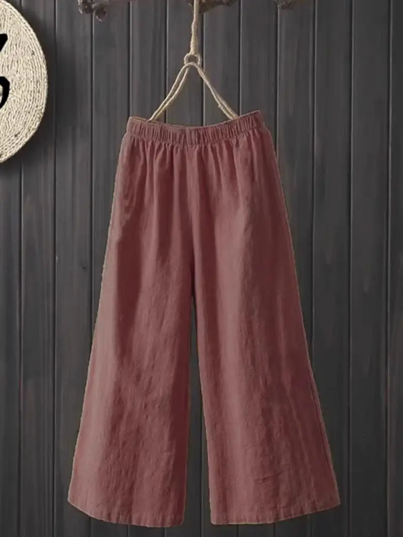 กางเกงขายาวผ้าคอตตอนผสมทรงขากว้างสำหรับผู้หญิง สปริง/ซัมเมอร์ เนื้อผ้าบางเบา สไตล์ลำลอง เหมาะสำหรับวัยกลางคน ใส่ทำงาน แฟชั่น เอวสูง ความยาวเจ็ดส่วน