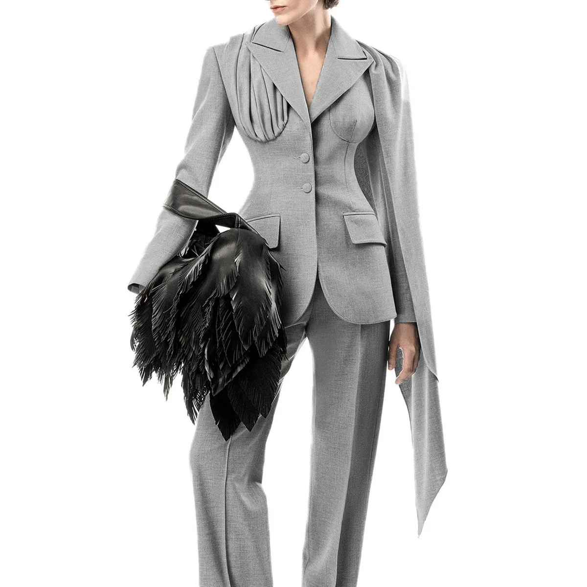 KWTX 2025 レディース 高級ブレザー スカーフカラー プリーツウエスト ヴィンテージ 無地 デザイナー エレガント シック 秋冬コート