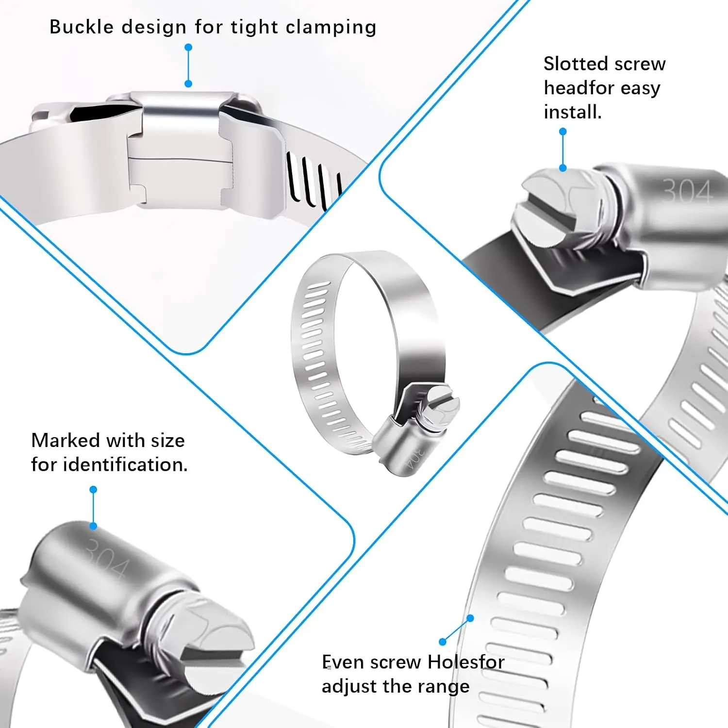 Hose Clamp, 5 Sizes Stainless Steel Adjustable 6-51mm Size Range Worm Gear Fuel Line Clamp for Plumbing, Automotive,Water Pipe