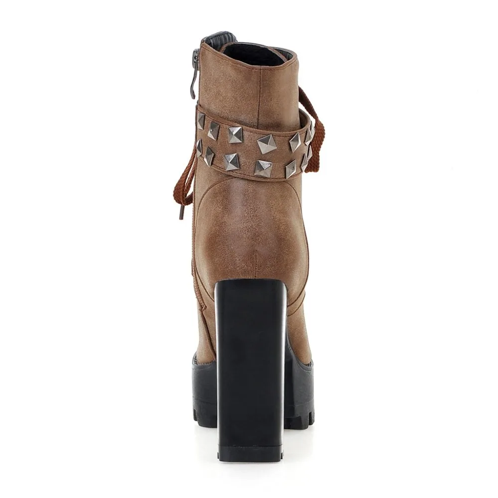 Fashion Women Ankle Boots Platform Punk Heeled Motorcycle Boot Sexy Buckle Rivets Black PU Leather Short Shoes Woman Big Size 48