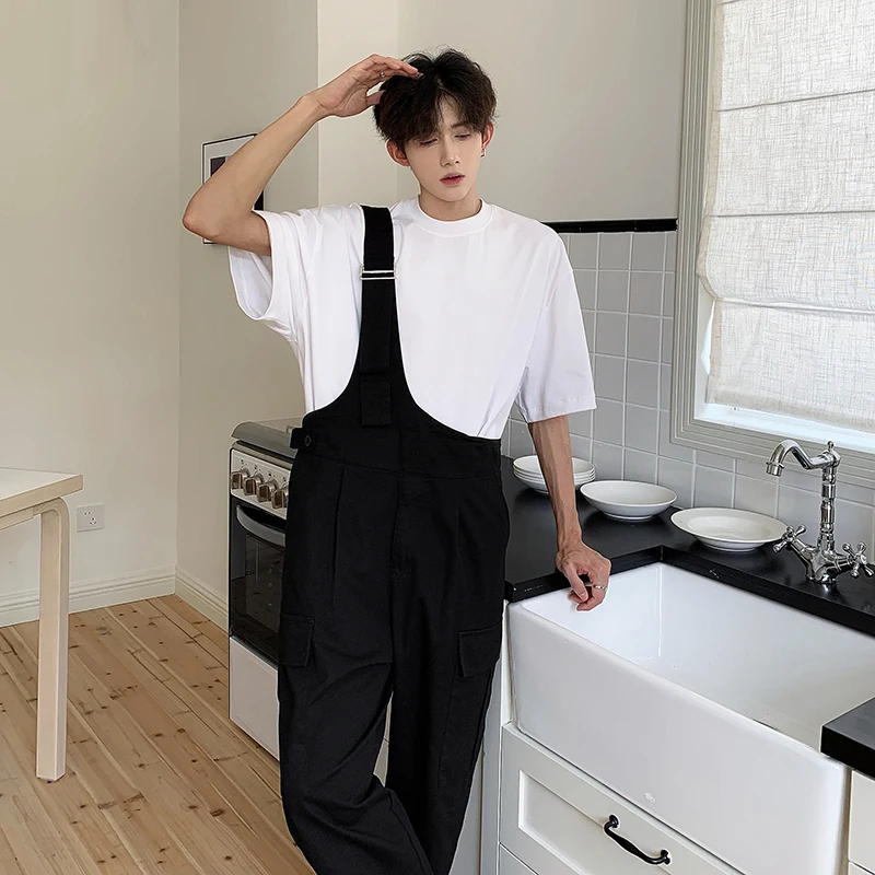 Casual Streetwear Heavy Duty Overalls Mens Work Trousers Multi Pocket Plain Color Suspender Pants for Men Clothing Black M-XXL