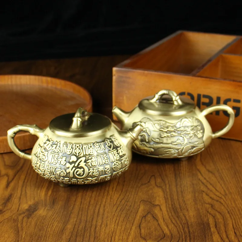 Beautiful Carved Fu Blessing Teapot Brass Drinking Tea Kettle Household Landscape Tea Pot Home Decoration Ornaments