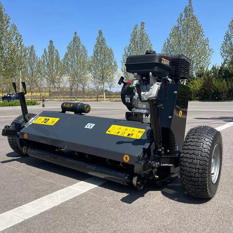 

High-productivity all-terrain vehicle traction tractor coupled to agricultural lawn mower with basic engine gearbox