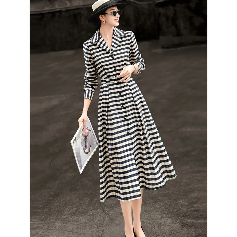 MEXCOCO Women Spring Autumn Vintage Commuter Dress Single‑Breasted Color‑Contrast Striped Print Waist‑Tied Midi Dress