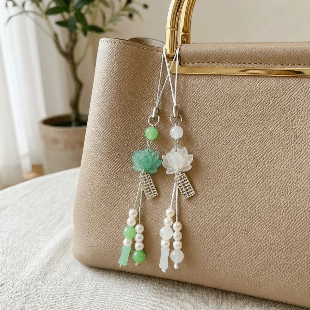 New Vintage Lotus Beaded Key Chains Tassel Detail Solid Color Chinese-style Pendant Lucky Charm Ethnic Mobile Phone Chain Daily