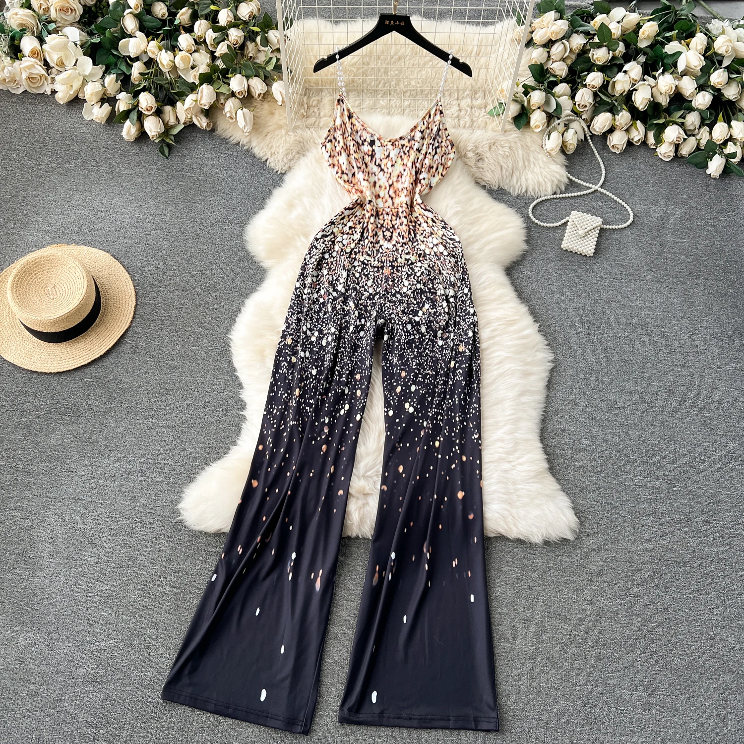 

Women Gradual Change Color Print Spaghetti Strap Romper Sexy Backless Slim Long Wide Leg Jumpsuits