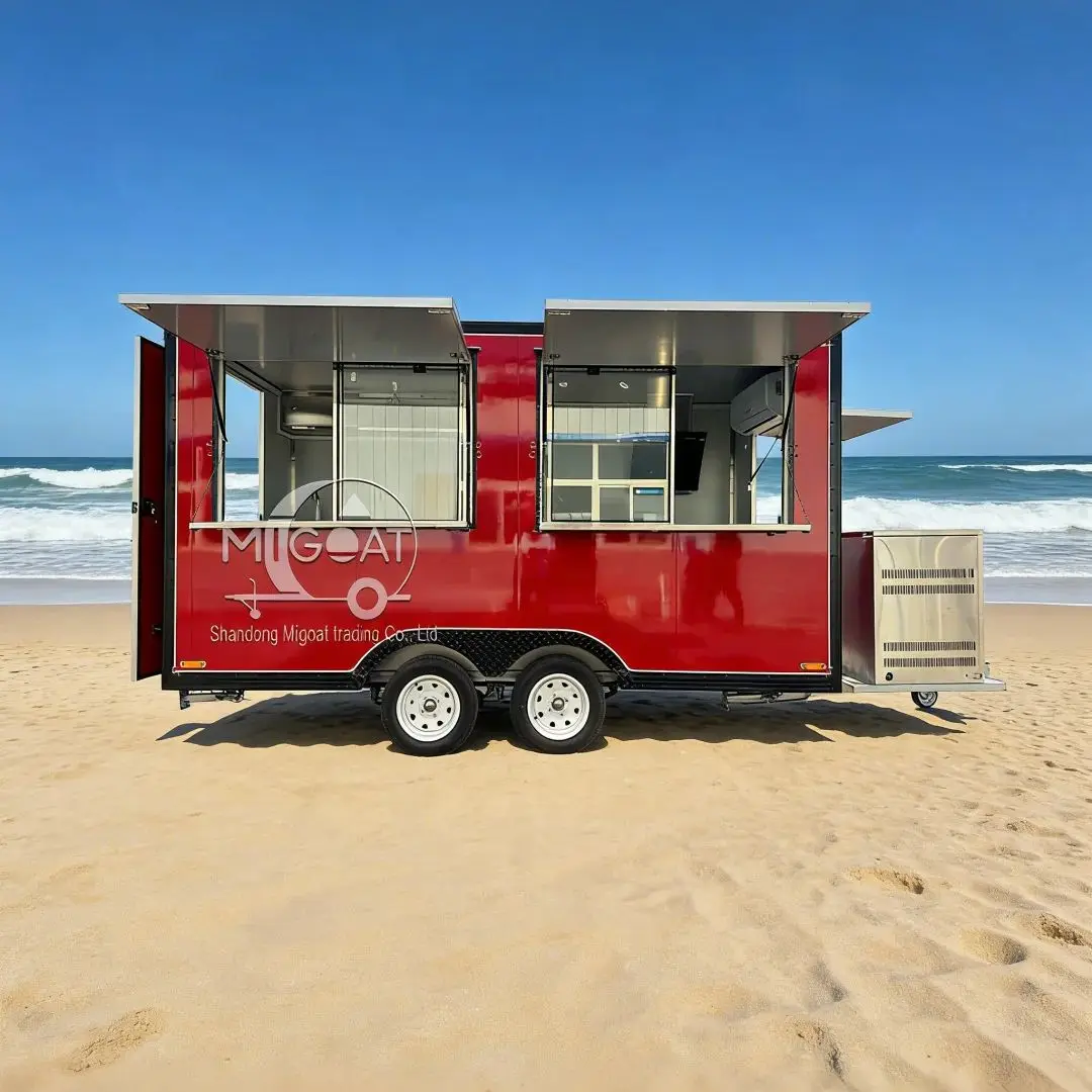 

Red Multifunctional Mobile Food Cart Commercial Street Food Truck with Stainless Steel Kitchen Towable Food Vending Trailer