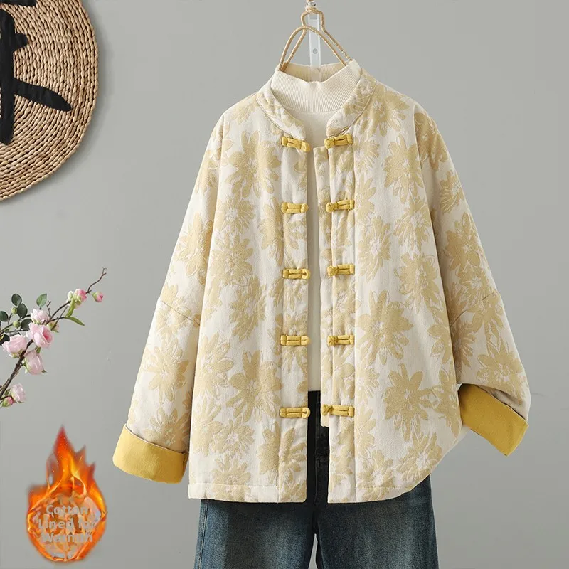 معطف Thiened Long Sve بياقة واقفة من القطن Jaet شتاء دافئ تقليدي صيني مطرز ملابس خارجية للعام الجديد #4