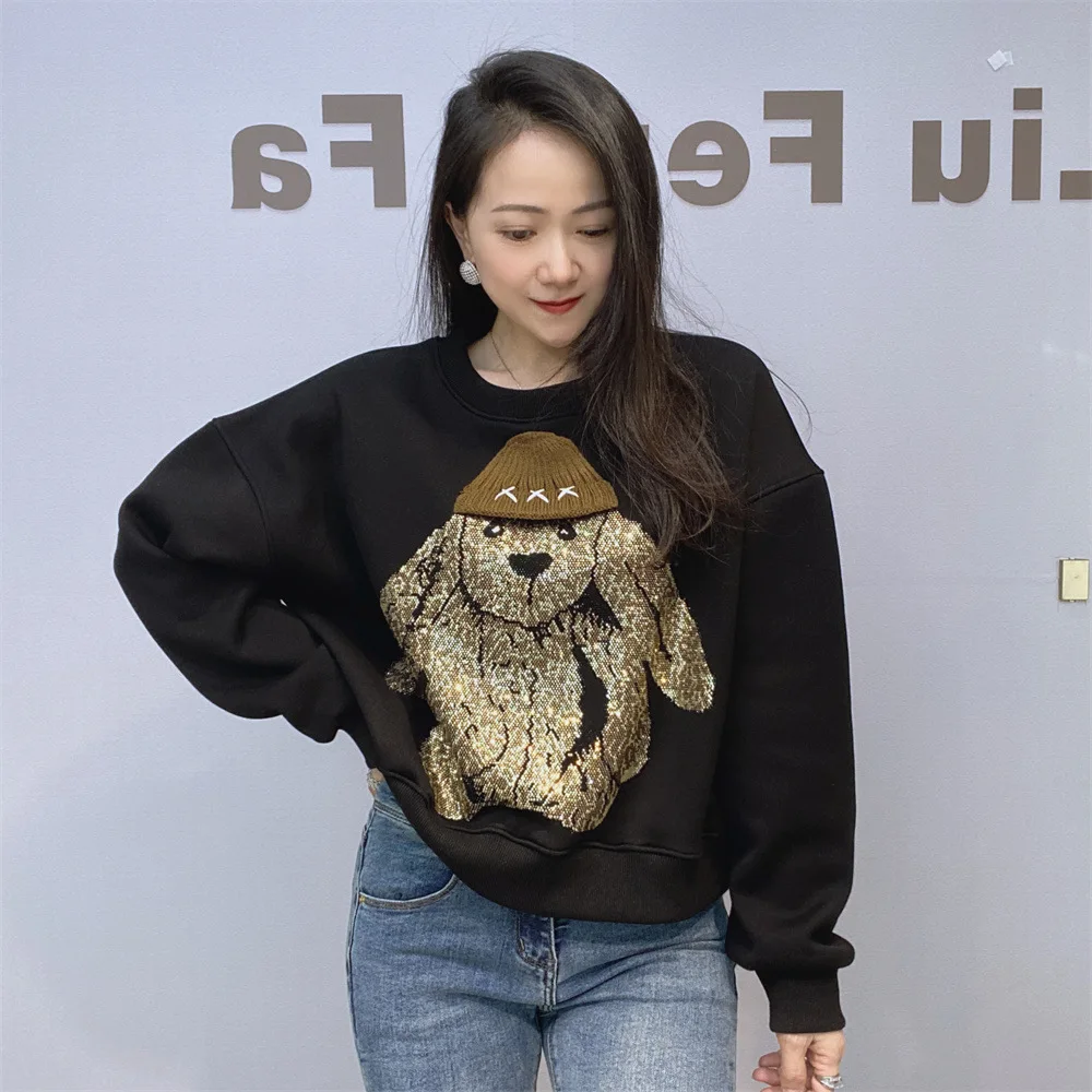 2024 New Autumn Winter Thicken Fleece Sweatshirt Hot Drilling Bunny Loose O-neck Pullover Top Lazy Wind Casual Short Hoodies