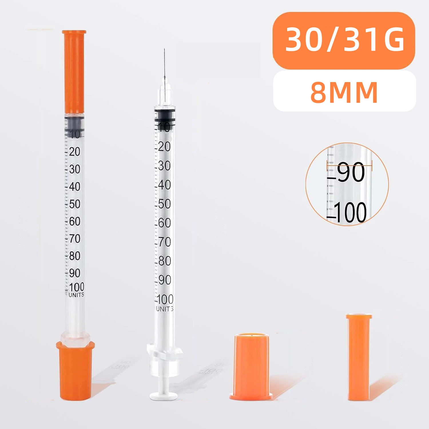 25/80 Pcs 1ml Disposable Sterile Insulin Syringe with 30/31G 8mm Needle & Orange Cap, Individually Packed for Pets & Farm Animal