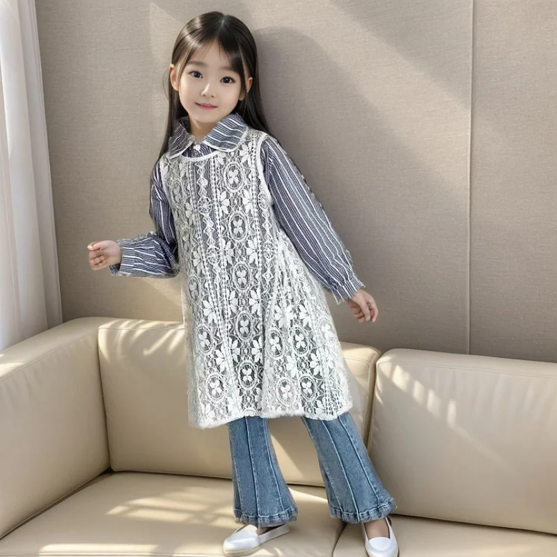

Korean Style Girls' Shirt Three-Piece Set Autumn Baby Girl Lace Dress Vertical Striped Shirt Jeans Set