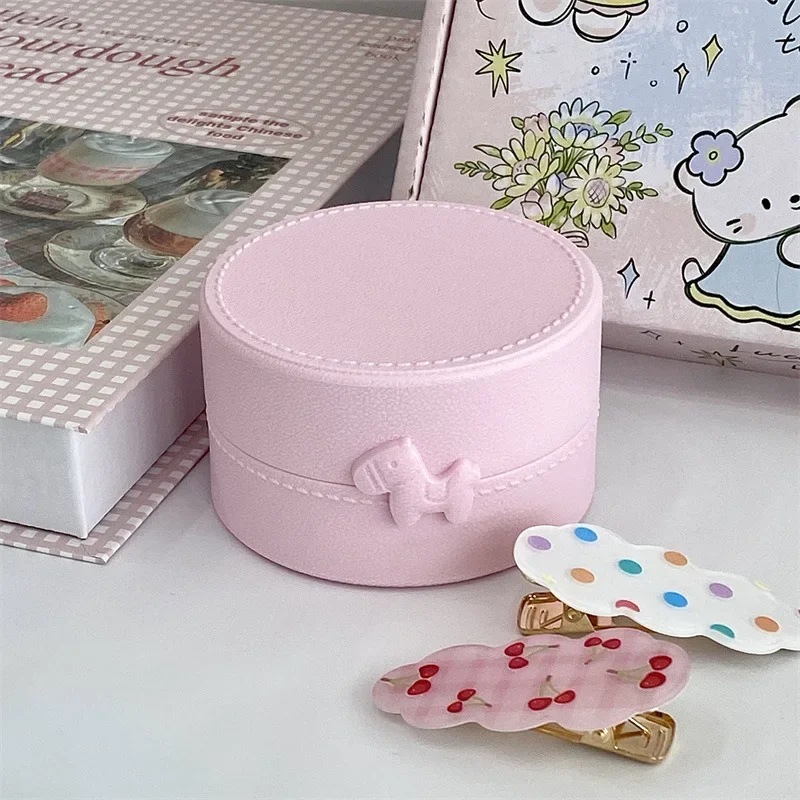 1Pc INS Cute Macaron Bow Round Storage Box Kawaii Girls Jewelry Hairpins Dustproof Box Travel Portable Small Sundries Organizer