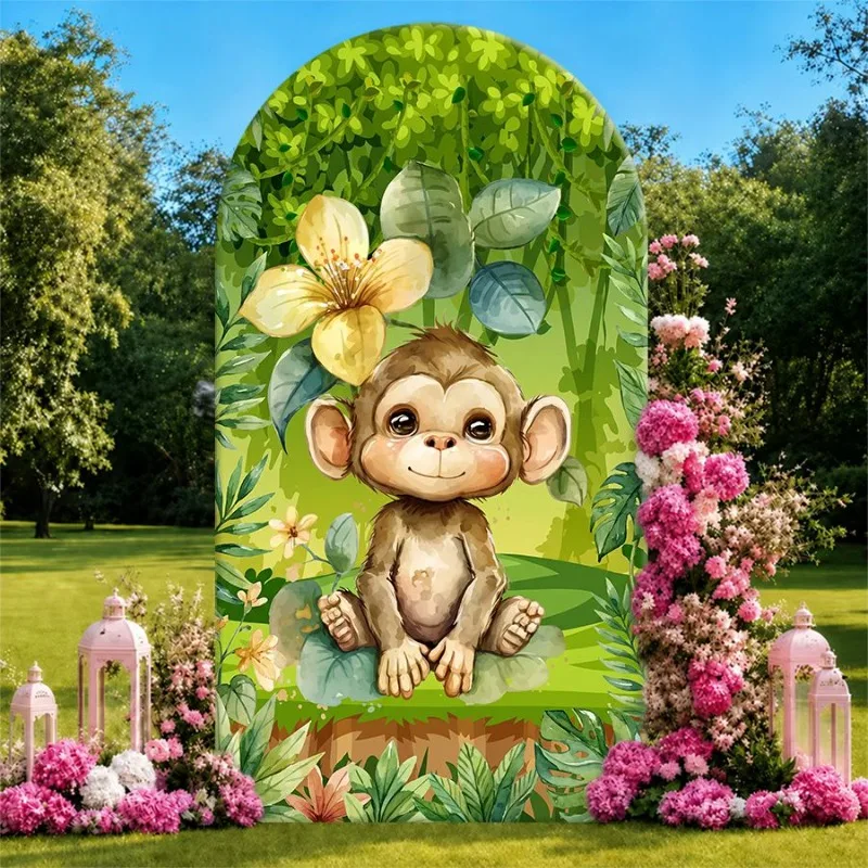 

Single Side Arch Backdrop Cover Jungle Adventure Monkey Theme Backdrop for Party Decorations Featuring Cute Ape Amidst Green