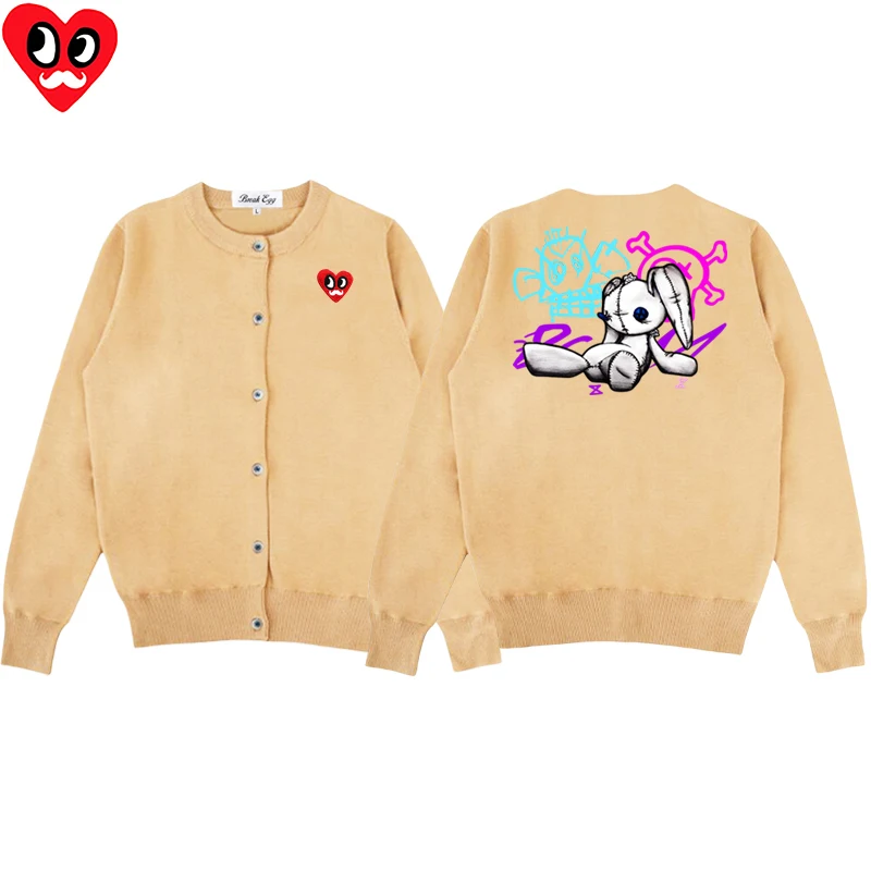 Arcane Jinx Scimmia Bambola Coniglio Stampa Cardigan da donna Occhi rossi Barba Cuore Ricamo Cotone O-Collo Maglione monopetto