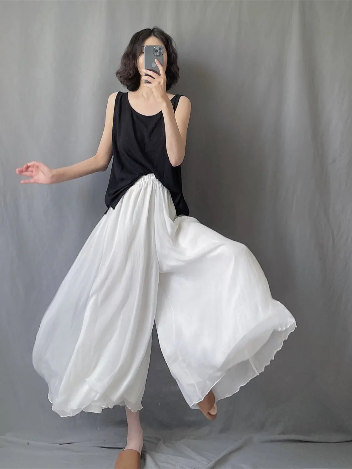 

Аутентичные широкие брюки-юбка черно-белые из льняно-хлопковой смеси, укороченные, с эластичным поясом, повседневные женские брюки