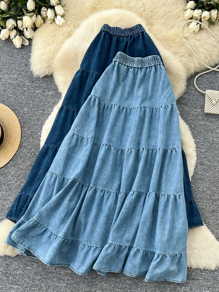 SuperAen Korean-style Casual Distressed Denim Pleated A-line Long Skirt for Women 2026 Summer New Elastic Waist Skirts