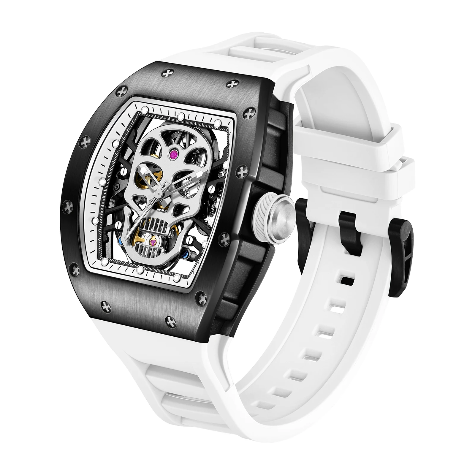 

New Men's Automatic Mechanical Watch with Stainless Steel Case Silicone Band Skeleton Dial Waterproof Sport Wristwatch