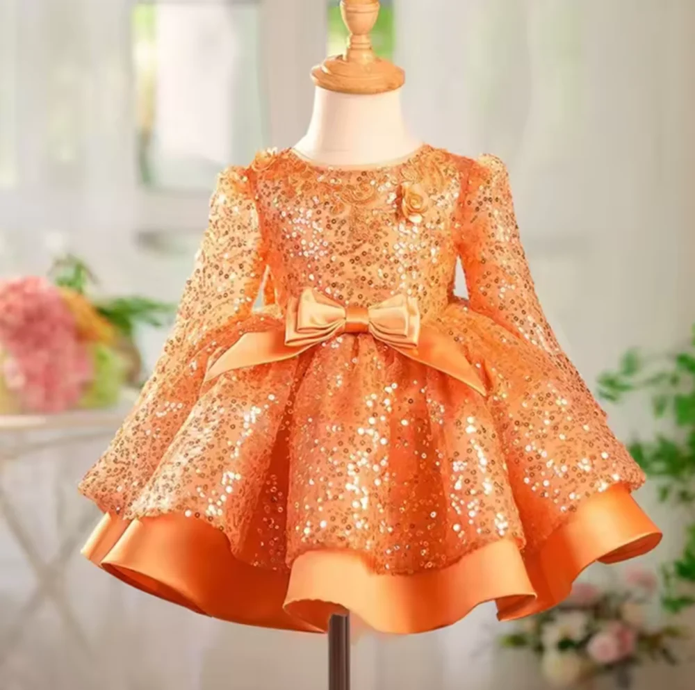 Элегантное оранжевое платье с цветочным узором для девочек, расшитое блестками и длинными рукавами для принцессы, детское бальное платье на свадьбу, день рождения, праздник и вечеринку