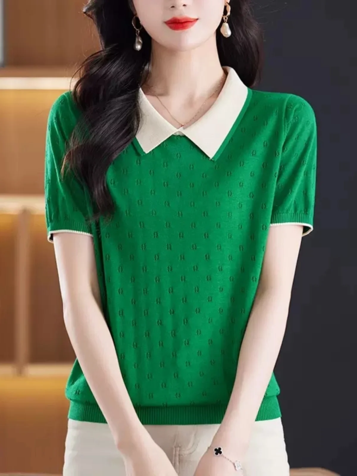 

Новая женская летняя футболка из ледяного шелка с кружевной вязкой, свободного кроя, с коротким рукавом, с вырезами, тонкая, в корейском стиле, для повседневной носки, 2024