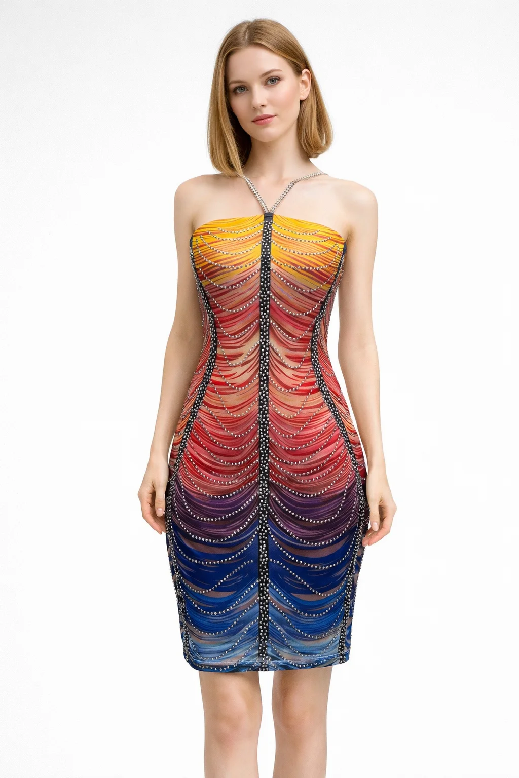 

Women's Rainbow Swirl Rhinestone Halter Mini Dress Bodycon Mesh Corset Sleeveless Crystal Embellished Party Club Cocktail Gown