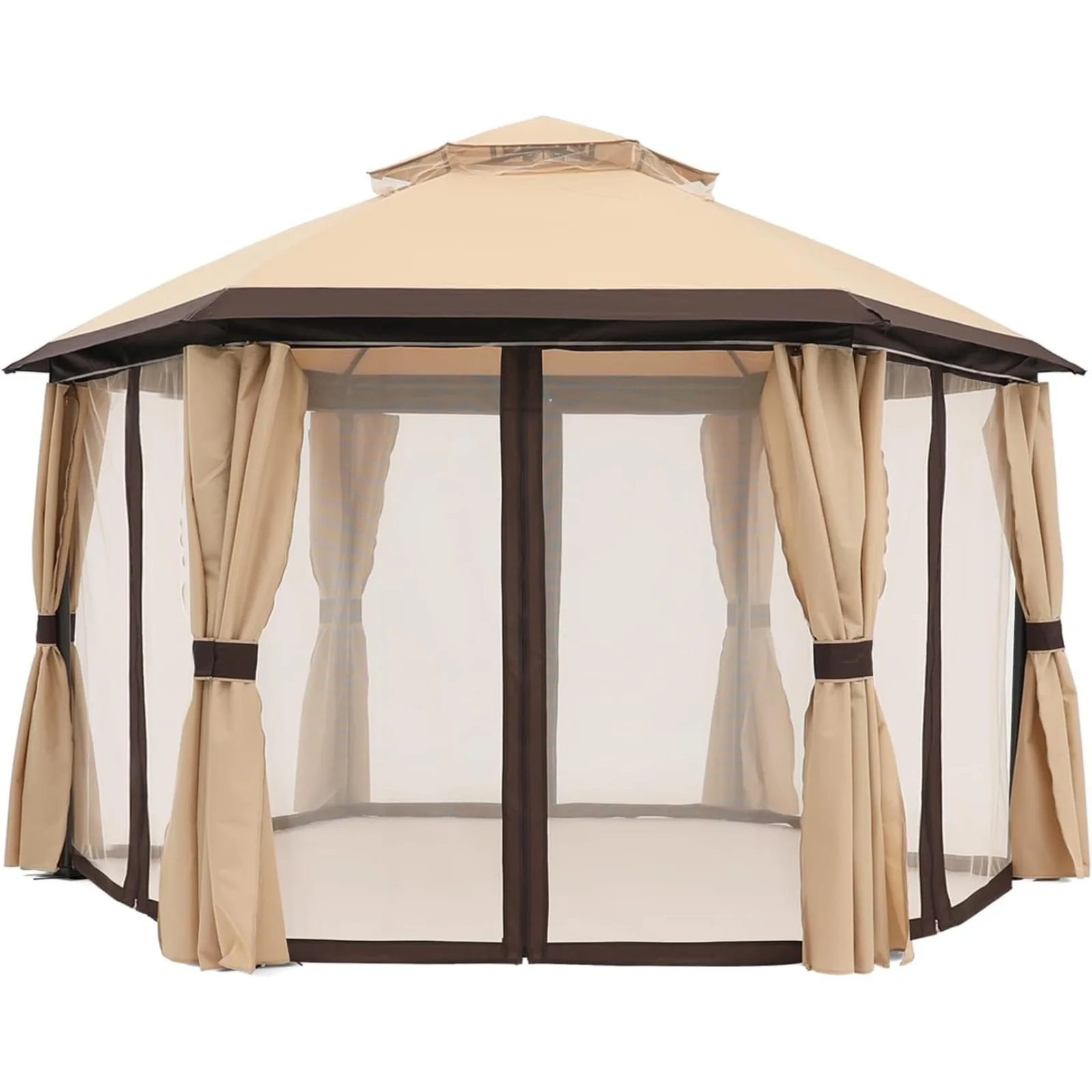 US 10'x10' Gazebos for Patios Outdoor Hexagonal Gazebo with Netting and Privacy Curtains Beige