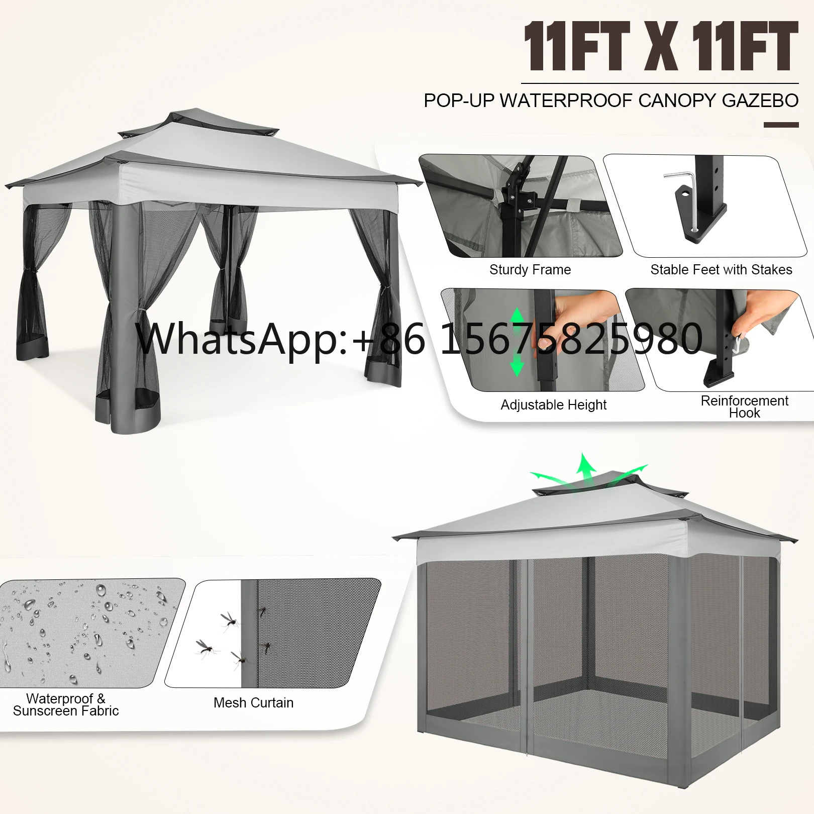 Outdoor Pop Up Gazebo 11x11ft with Netting & Carry Bag Garden Patio Tent