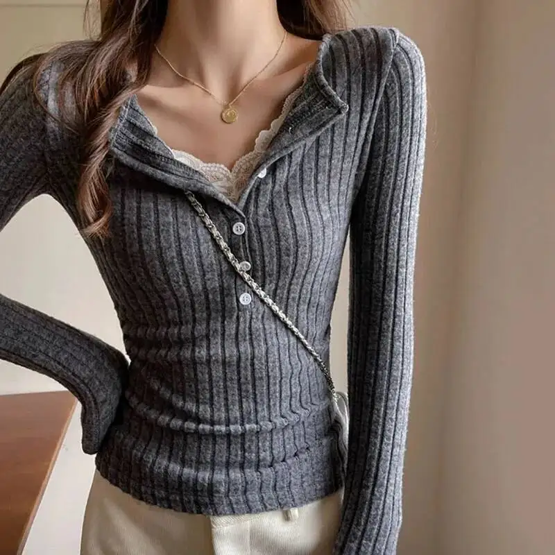 

Vintage Y K Lace Patchwork Sweater Women Korean Design Striped Knitted Jumpers Ladies Fashion Slim Elastic Bottoming Knitwear