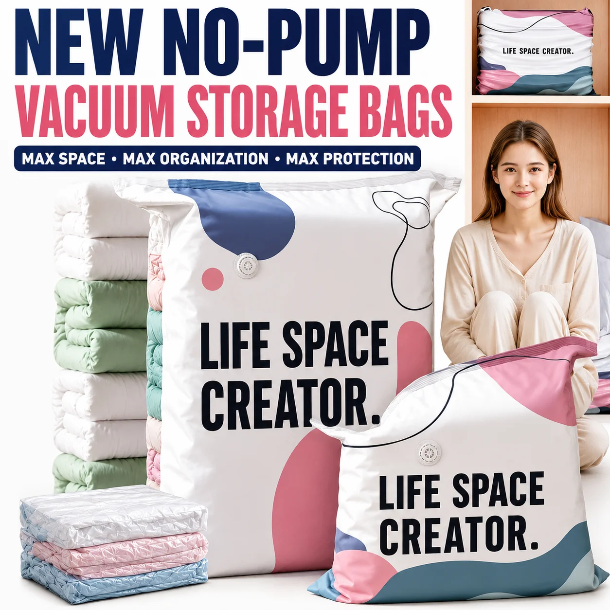 No-Pump Vacuum Storage Bags Large Reusable Compression Space Saver for Clothes Blankets Comforters Bedding Closet Travel Storage