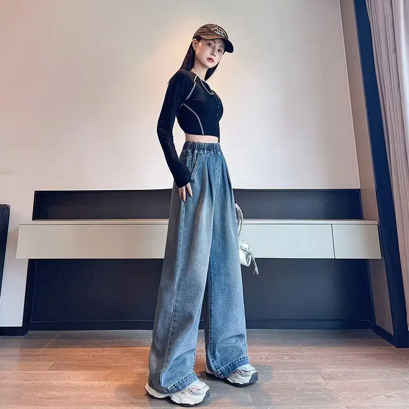 

2026 New Sle Women's Wide Leg Jeans Curved Knife Design Retro Scythe Pants Slimming High Waist Denim Casual Cotton Blend
