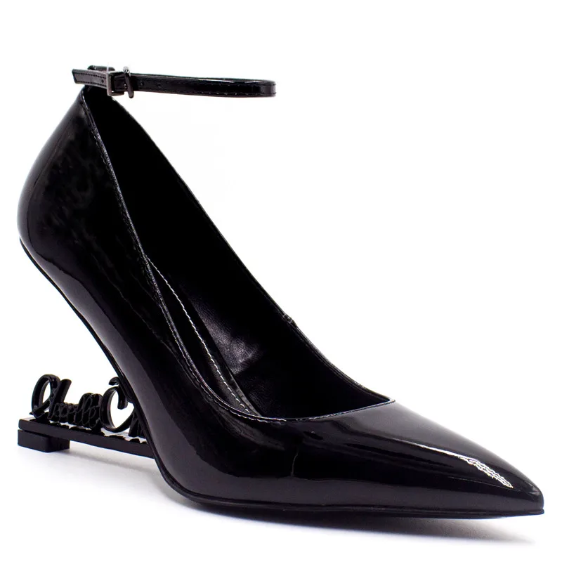 Letter Strange Heel Women Pumps Ankle Strap 10CM High Heels Wedding Dress Wedges Designer Patent Leather Black Valentine Shoes