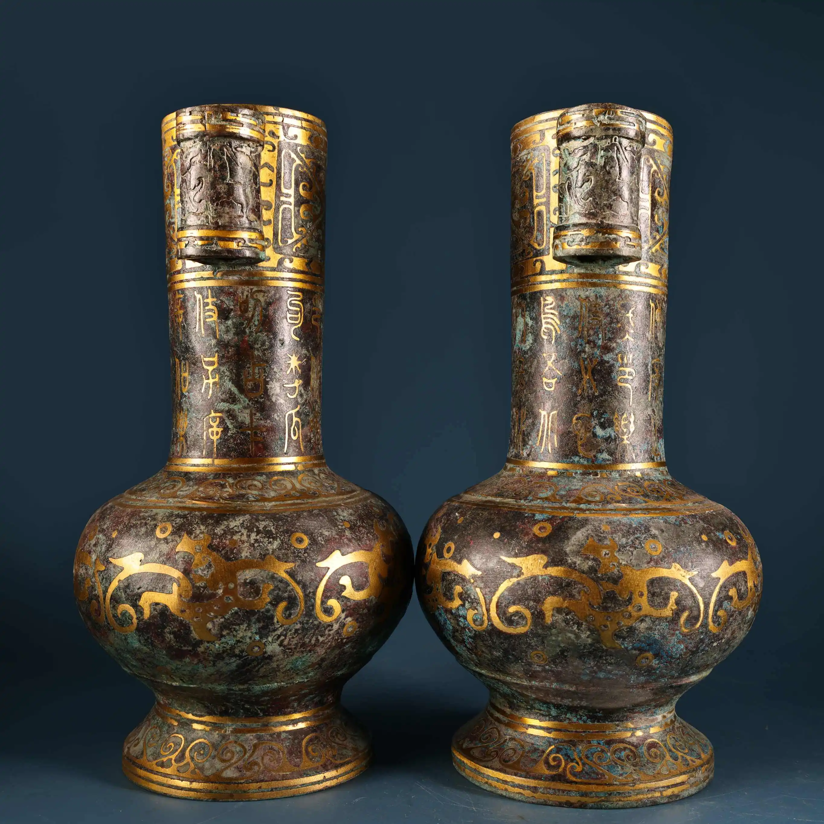 Antique Bronze Gold Inlaid Pot Throwing Vessel Pair Heavy Patina Exquisite Collectible Home Decor