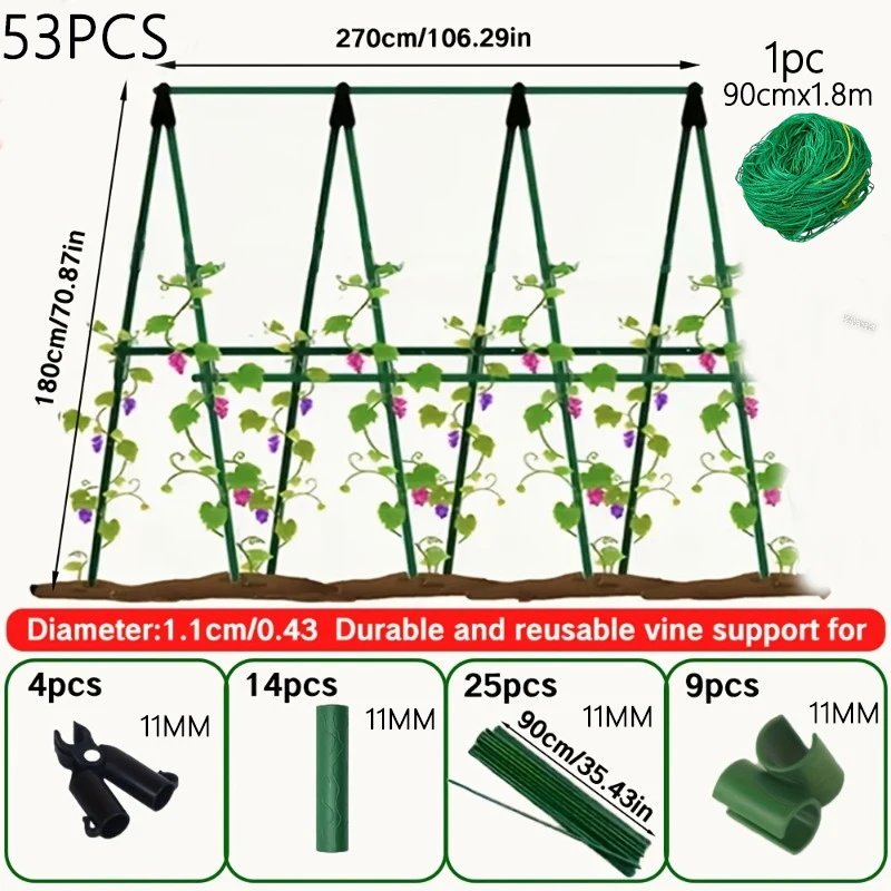 

53pcs Climbing Plant Support Stake Set, Plastic Coated Steel Trellis Frame for Growing Tomato Cucumber Beans in Yard H0983
