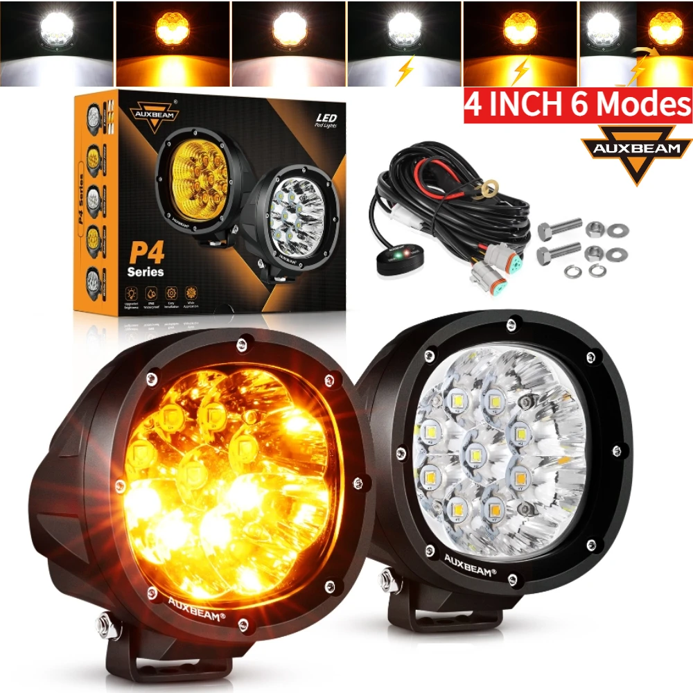 

AUXBEAM P4 Series 4-дюймовые светодиодные фары дальнего света мощностью 90 Вт, белый и янтарный, 6 режимов, автомобильный рабочий фонарь для квадроциклов, внедорожников, грузовиков, лодок
