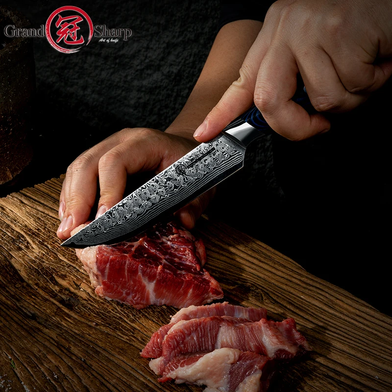 Damascus Steak Knife Chef Kitchen Tools VG10 Japanese Stainless Steel Utility Tomato Gadgets Blue G10 Handle Slicing Cutlery