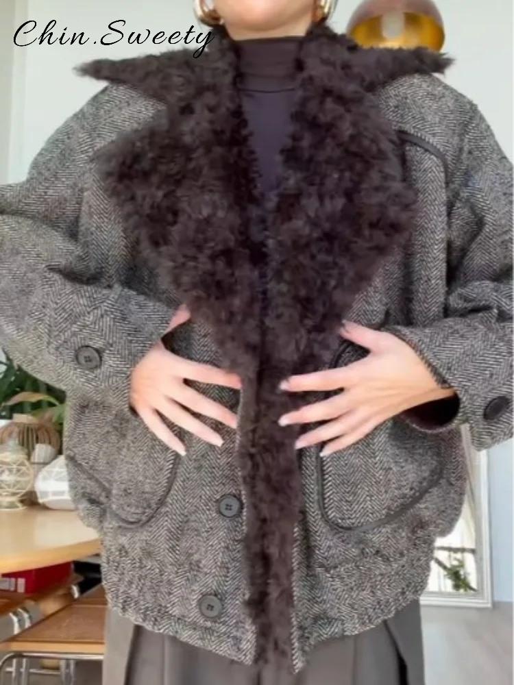 

Шикарное пальто в стиле пэчворк с меховым воротником, женское свободное пальто с лацканами и длинными рукавами, однобортные карманы, женская куртка 2025 года, зимняя женская теплая верхняя одежда