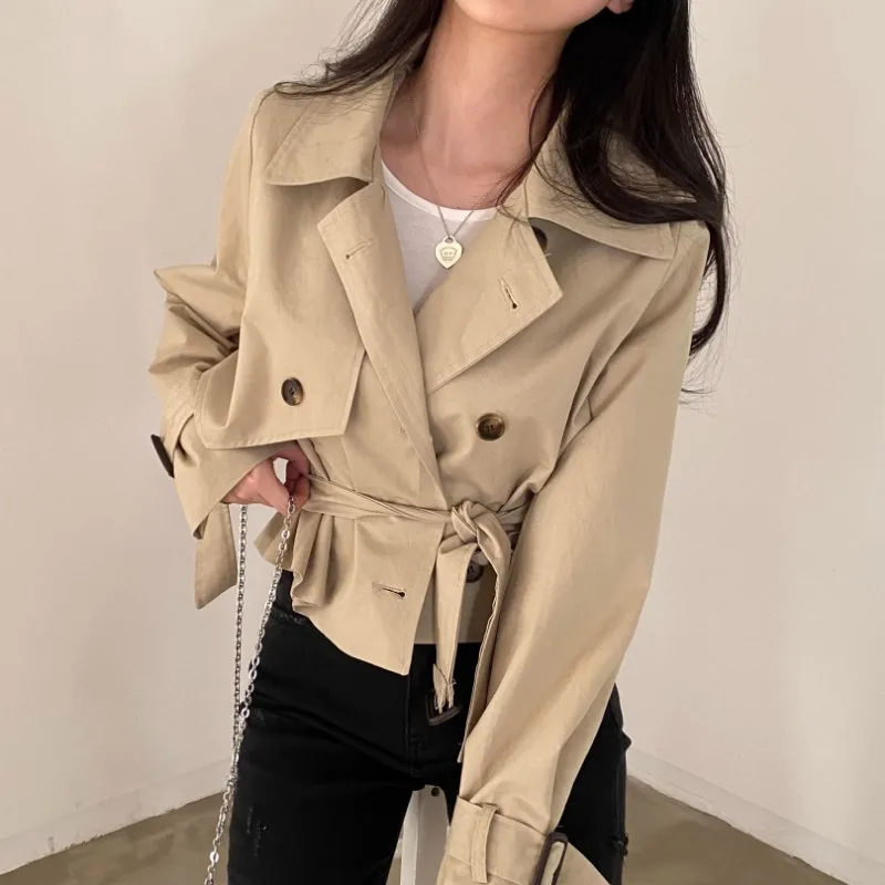 Korean Style 2024 Autumn New Retro Strap Suit Collar Trench Coat Loose Short Top Thin Black Windbreaker Outwear Women's Clothing