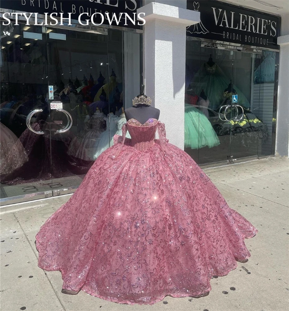 

Mexico Pink Off The Shoulder Ball Gown Quinceanera Dress Sparkly Birthday Party Gowns Sequined Sweet 16 Robe De Bal