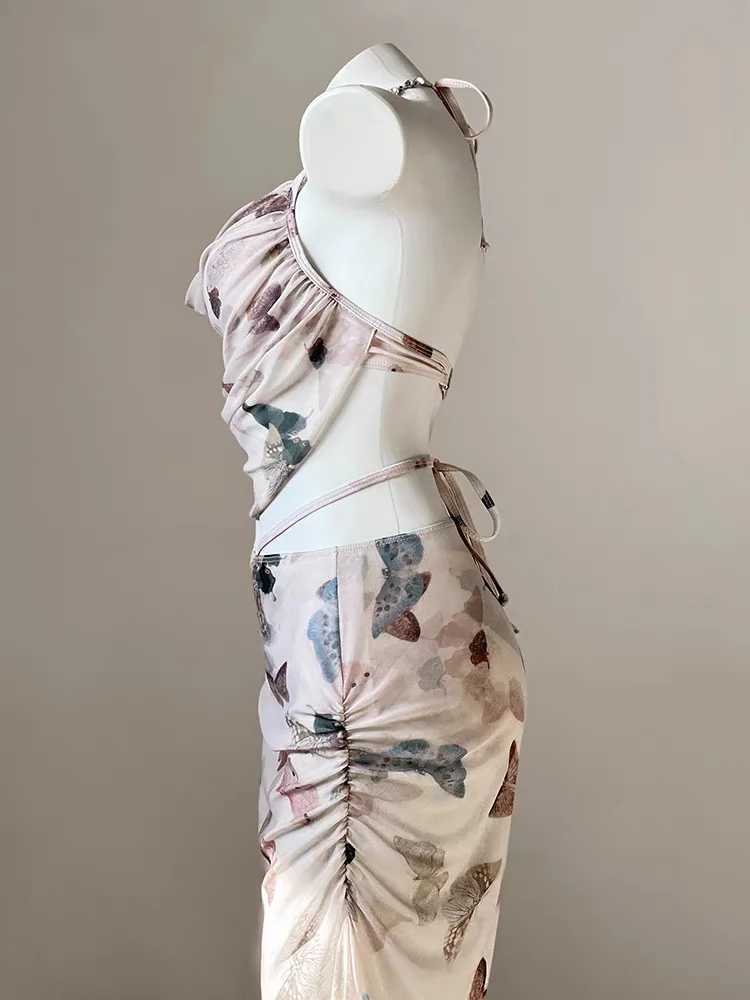 セクシーな kpop バタフライプリント水着 3 個ラインストーンホルターネクタイベストとロングカバースカートビキニパッド入り水着 biquini タンキニ