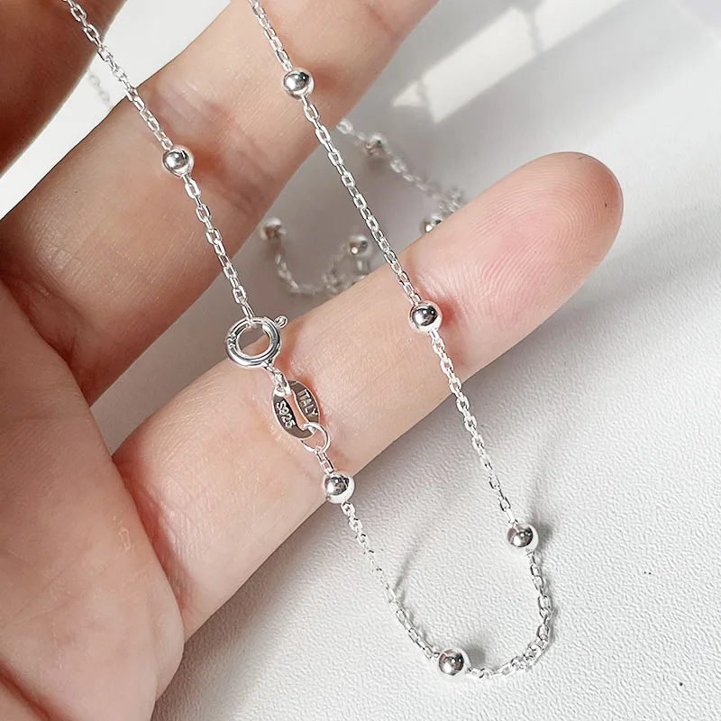 Women's Solid Pure Real 925 Sterling Silver Beads Cross Chain Necklace