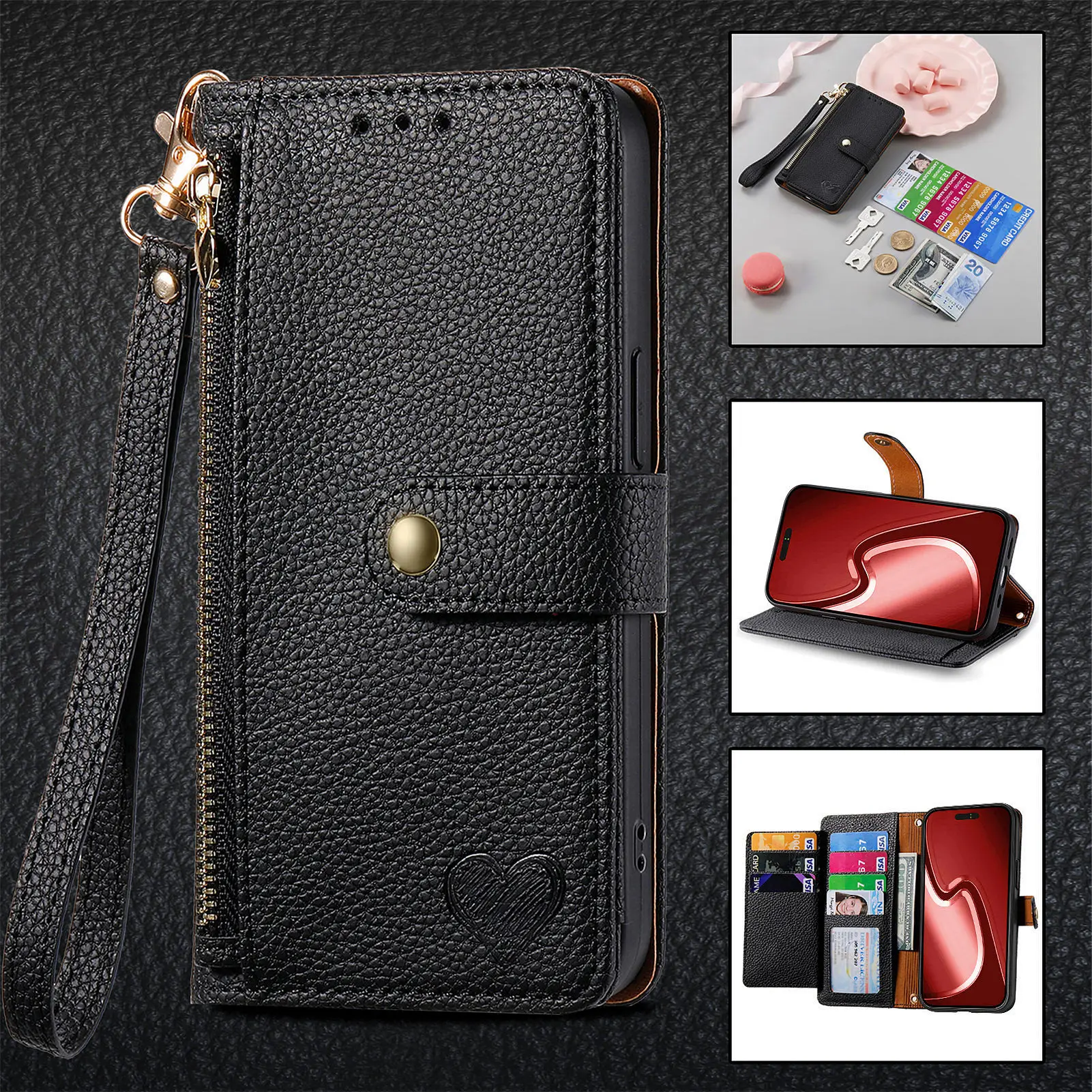 Leather Wallet Flip Case for Motorola Edge 70 60 50 40 30 Fusion Pro Neo 2025 2024 5G Phone Cover Wrist Strap, Heart Emblem view 6