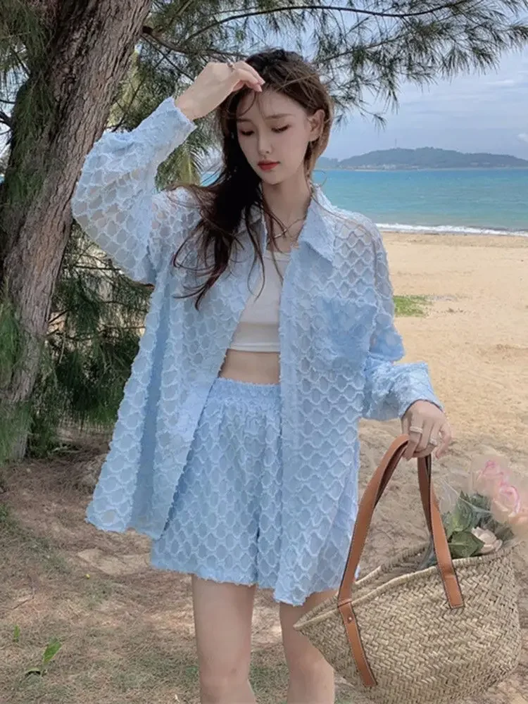 

Beach Shirts & Blouses Female Shorts Blue Cool New in Matching Cheap Offers Korean Style Ensembles Women's Short Sets 2 Pieces