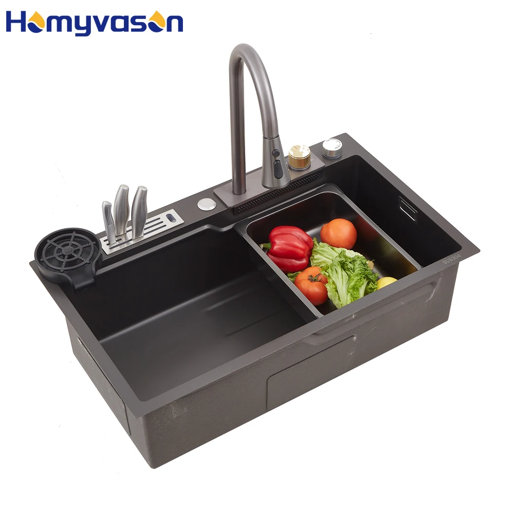 

Modern Smart Nano Luxury Deep Single Bowl Multifunctional Stainless Steel Waterfall Kitchen Sink