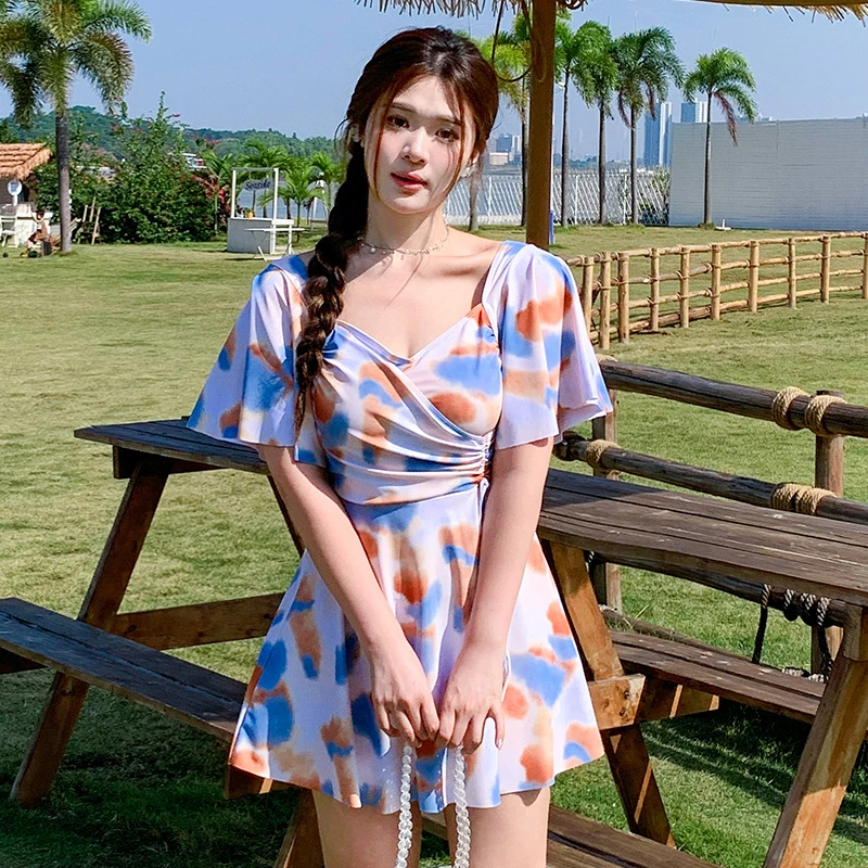 Ruffles Womens Swimwear 2026 Swimming Costume Large Size One Piece Short Sleeve Ladies Swimsuit Asian Swim Dress with Shorts 5XL