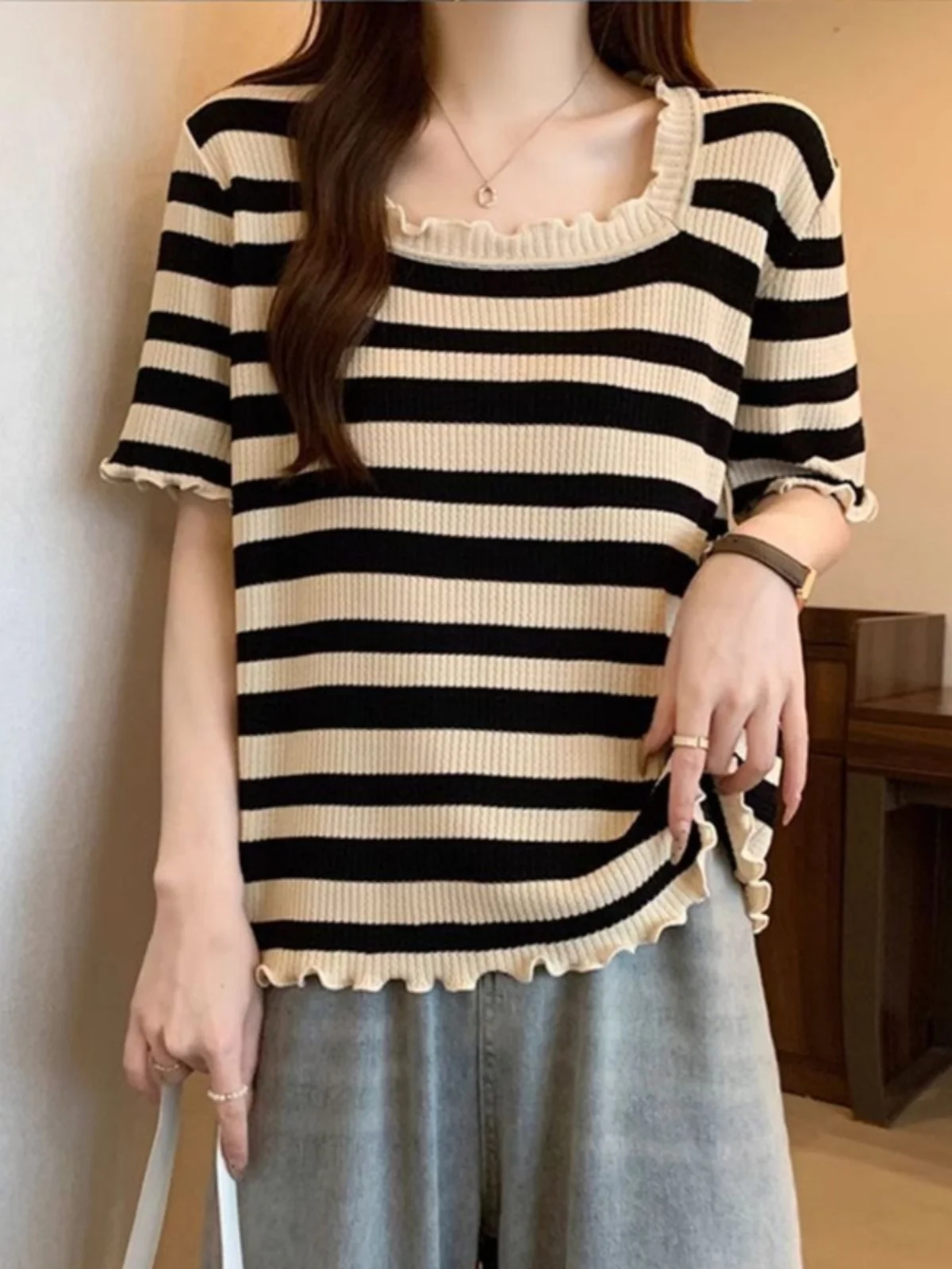 حجم كبير المرأة تي شيرت الحرير الجليد ort Sve محبوك فضفاض صالح ساحة طوق الصيف التخسيس مخطط الكورية Sle