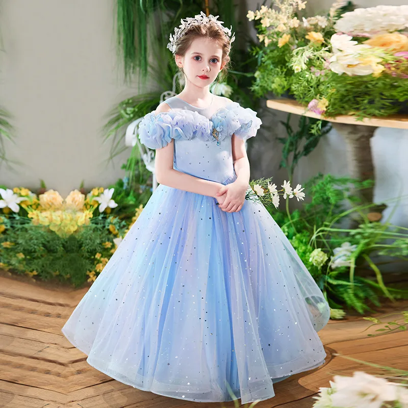 New style fluffy tulle princess dress for girls, suitable for piano performances and host duties