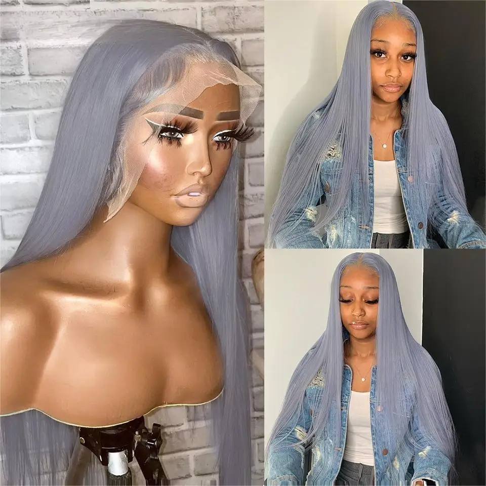 Brasilianische farbige Echthaar-Perücke, Cosplay, 200 Dichte, transparent, 13 x 4 HD-Lace-Frontal-Perücken, grau, lang, gerade, für Frauen