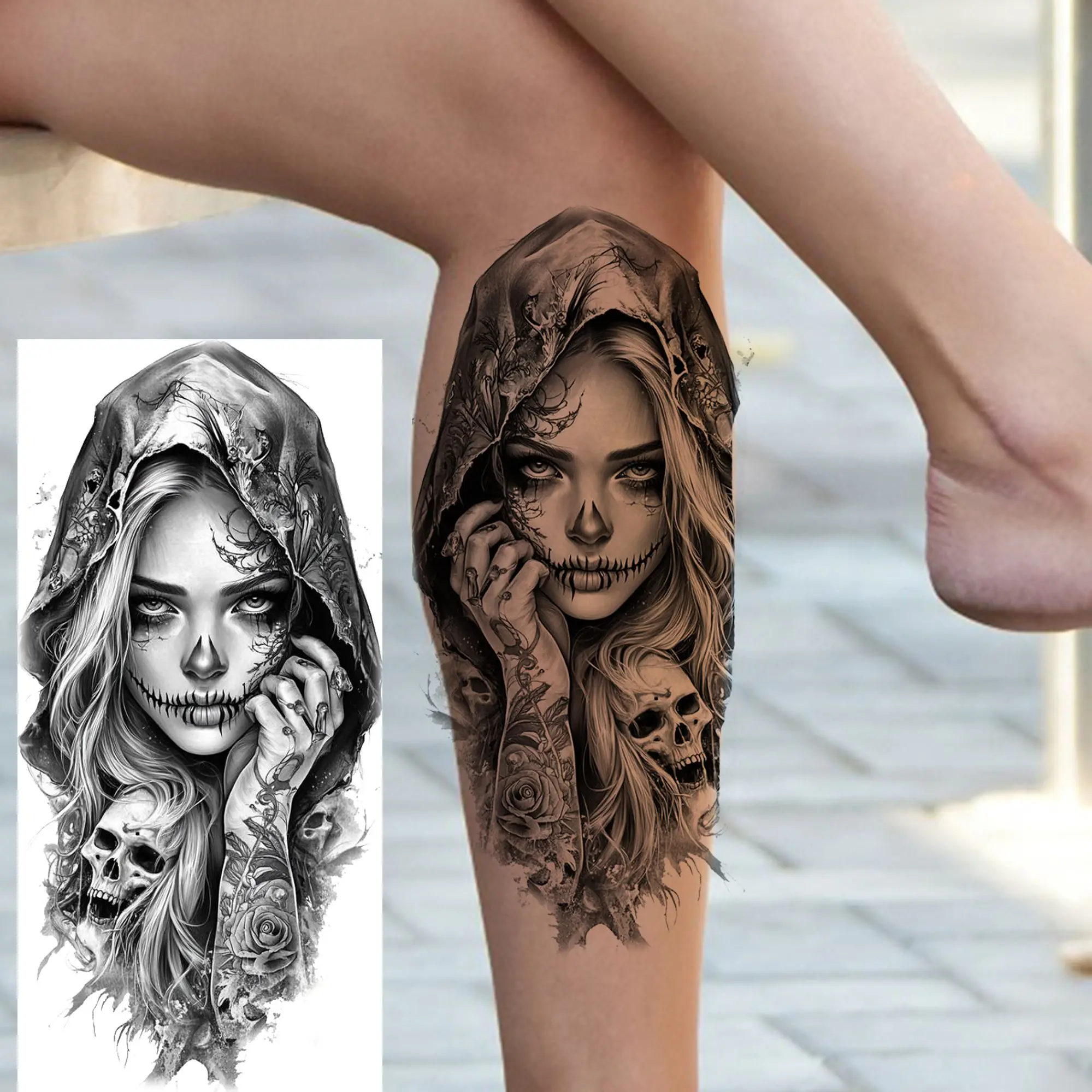 1 Sheet Waterproof Women Face Temporary Tattoos Realistic Evil Witch Girl With Skull Fake Tattoo Sticker Arm Leg Body Art Tatoos