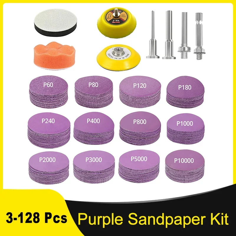 3Inch 75MM Purple Sandpaper Kit 3-128Pcs Wet and Dry 60-10000Grit with Polishing Pad and Interface Pad for Grinding Car Wood