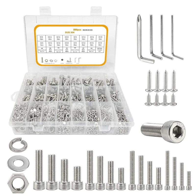 

890Pcs M3-M6 Screw Assortment, Socket Head Cap Screws Hex Head Screws Assortment Set Stainless Steel Bolts